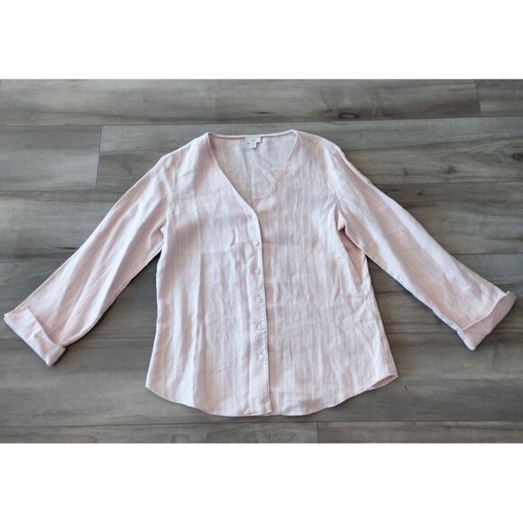 J JILL Blush Pink Jacquard Linen Buttoned V Neck Long Cuffed Sleeve S - Picture 2 of 11